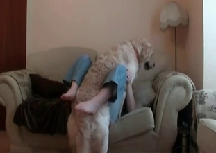 Sweet puppy is taking oral care of this lady